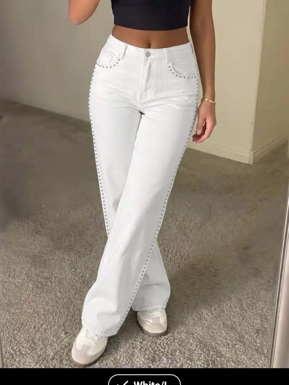High-Waist White Wide-Leg Jeans with Stud Trim